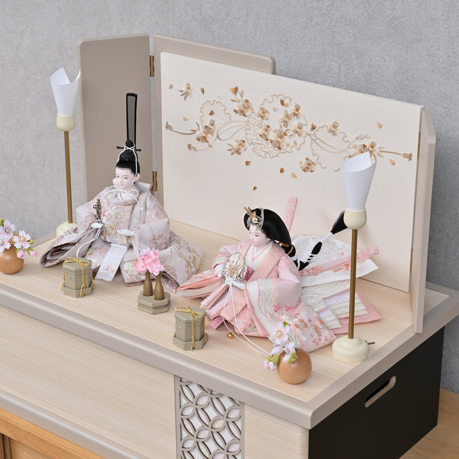 平安博翠作　くすみカラー桜刺繍　モカ雪輪桜七宝組子