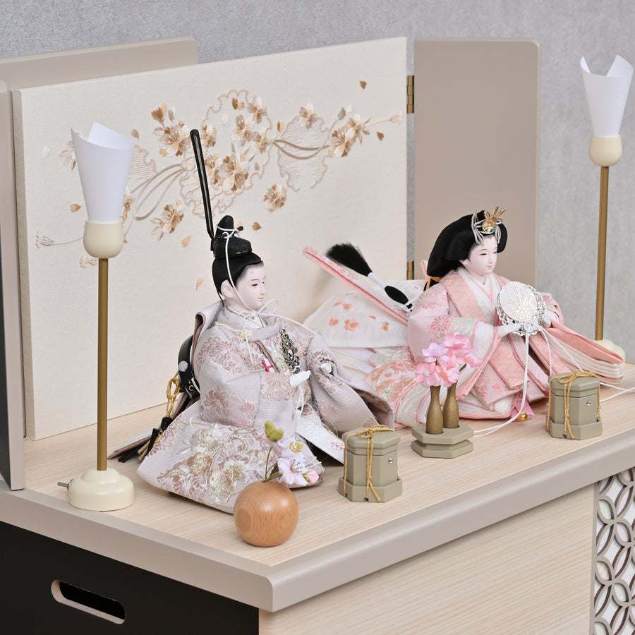 平安博翠作　くすみカラー桜刺繍　モカ雪輪桜七宝組子